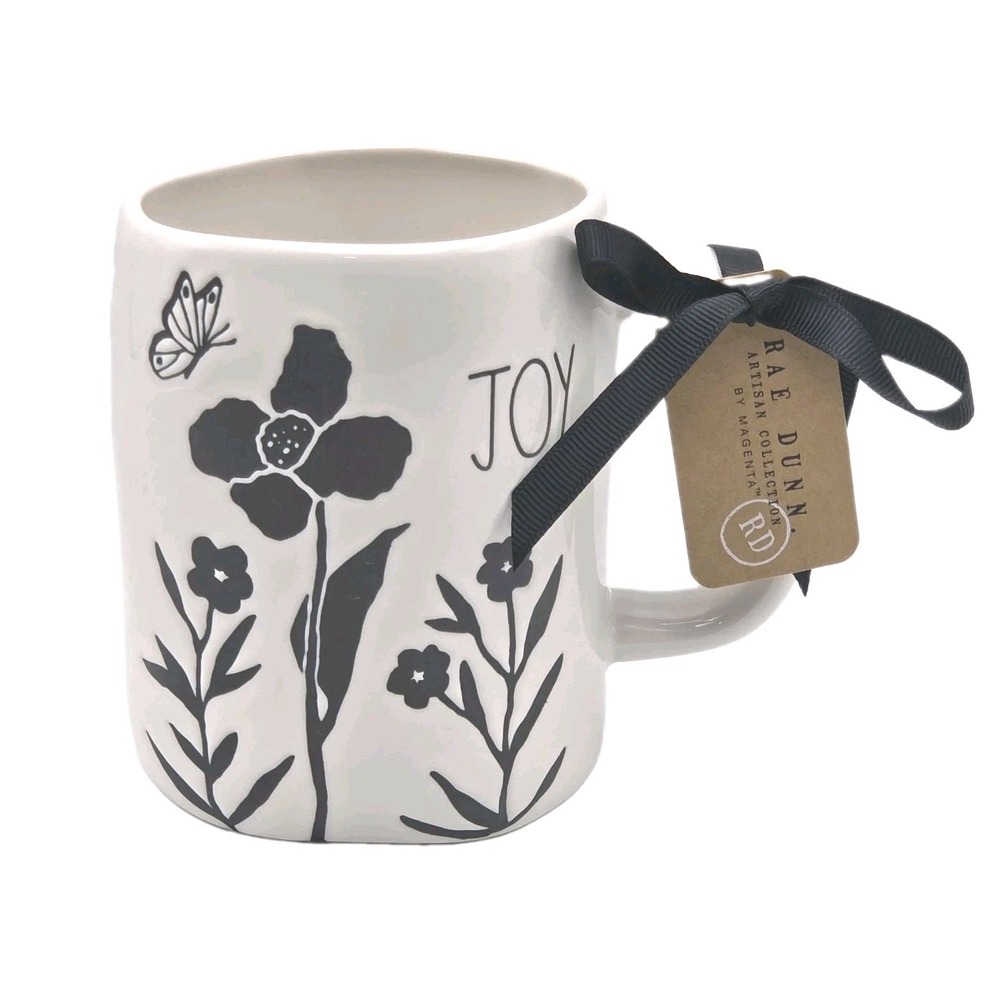 Rae Dunn Joy Floral Butterfly Coffee Mug 16oz White Black Ceramic Embossed